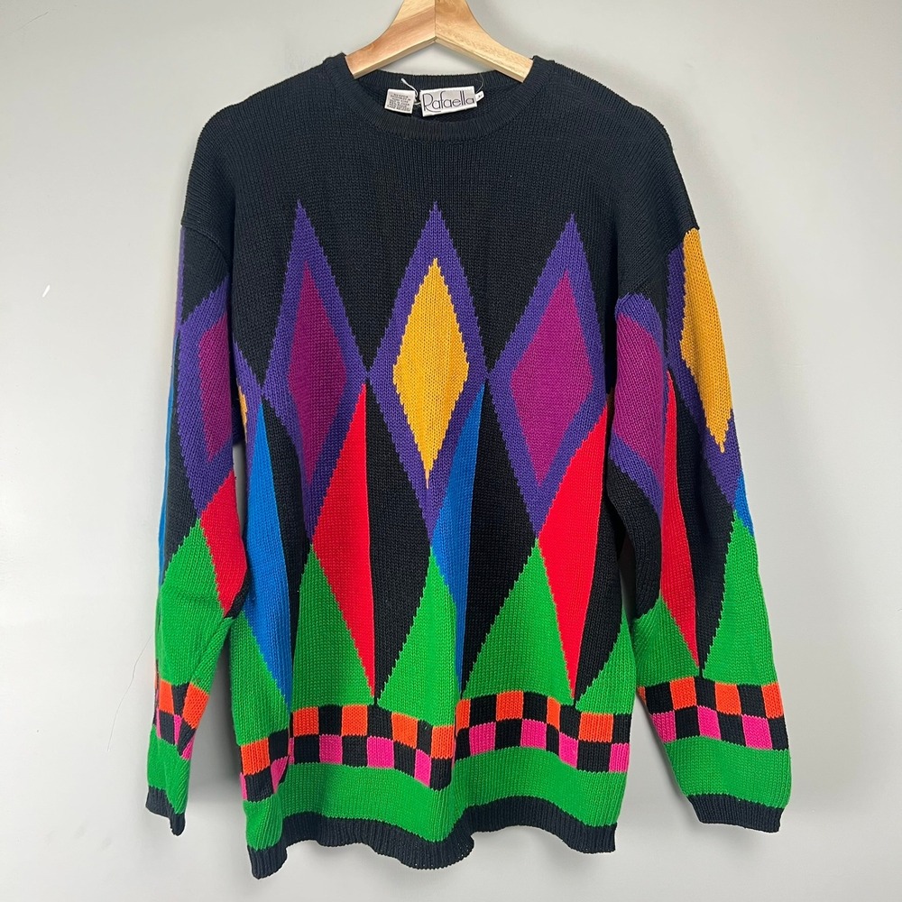 Vtg Rafaella Cosby Sweater L Geometric Print Kidcore Retro Streetwear Funky 90s